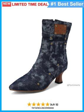 Ankle Boots Pointed Toe Kitten Heel Zip Denim Vintage